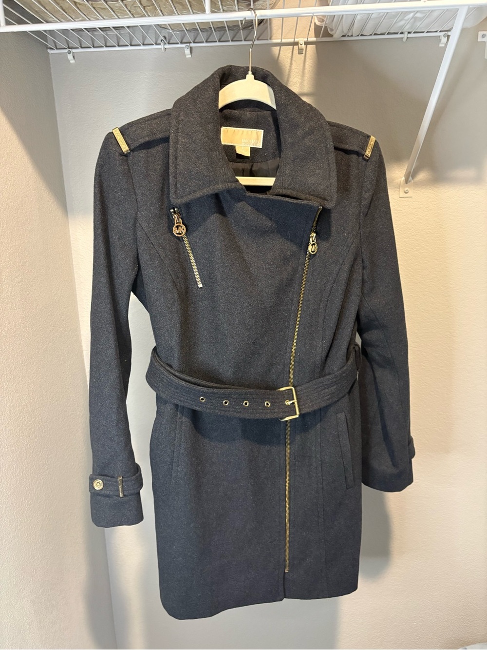 Michael Kors Black Wool-Blend Belted Trench Coat with Gold Hardware